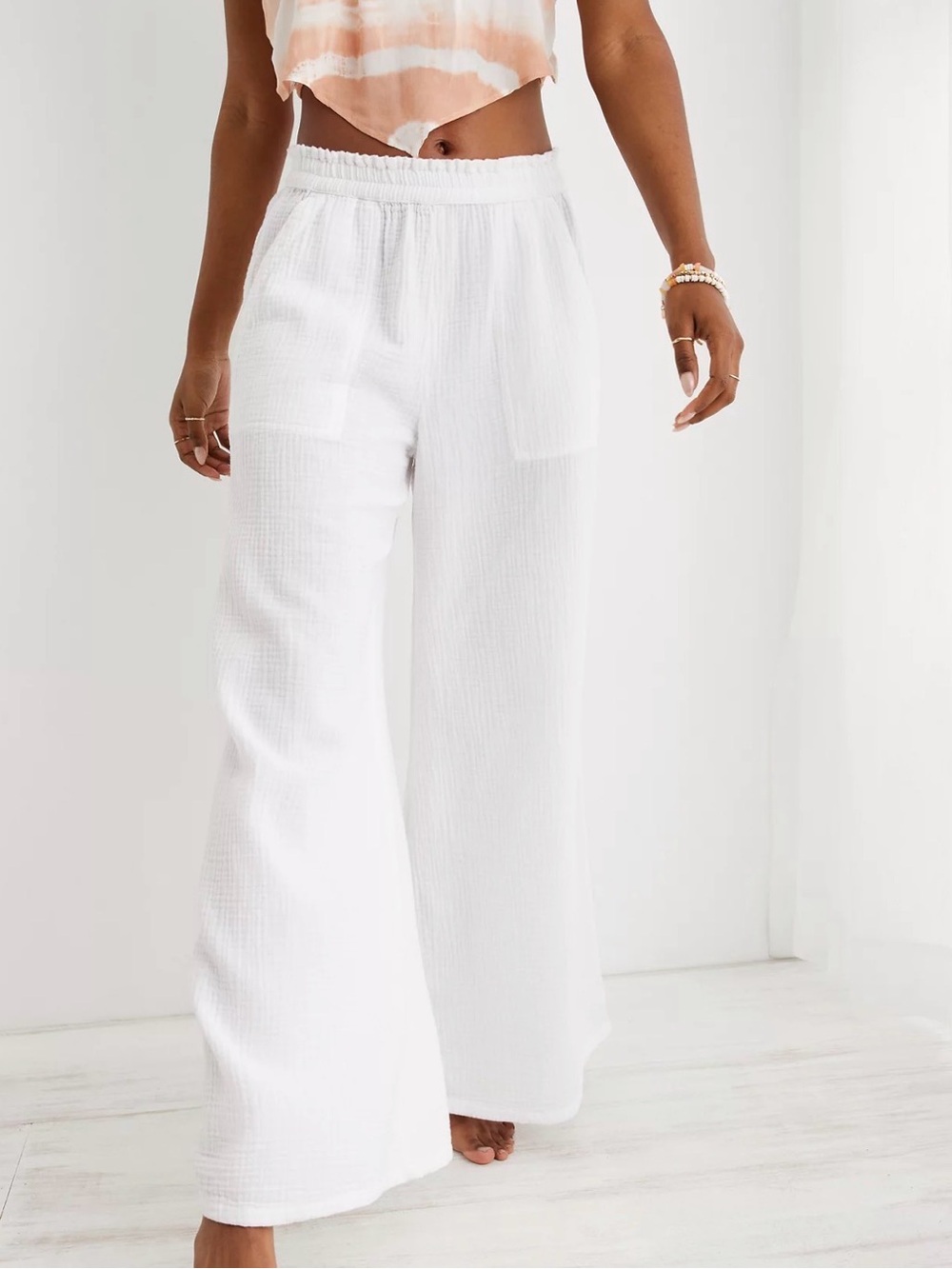 AERIE White Linen Wide Leg Pants